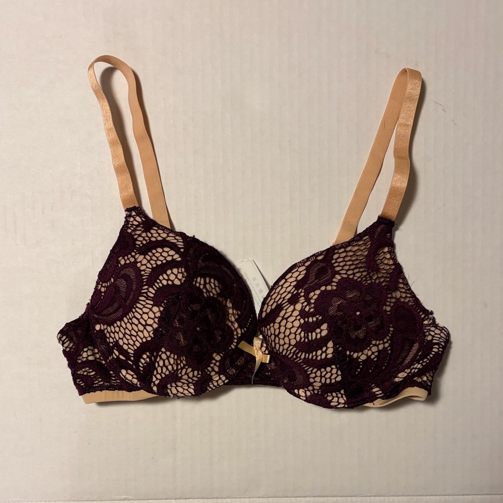 Lace Overlay Push-Up Bra - Plum and Nude